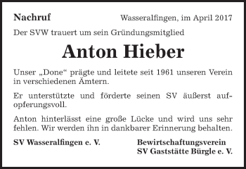 Traueranzeige von Anton Hieber von Schwäbische Post