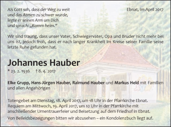 Traueranzeige von Johannes Hauber von Schwäbische Post