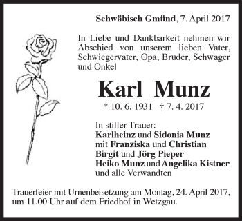 Traueranzeige von Karl Munz von Gmünder Tagespost