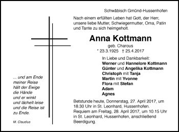 Traueranzeige von Anna Kottmann von Gmünder Tagespost