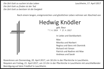Traueranzeige von Hedwig Knödler von Schwäbische Post