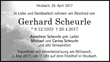 Traueranzeige von Gerhard Scheurle von Gmünder Tagespost