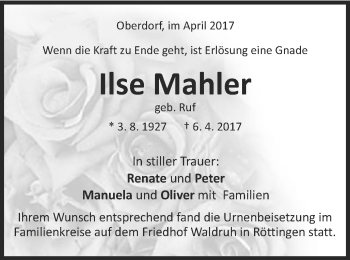 Traueranzeige von Ilse Mahler von Schwäbische Post