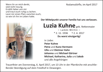 Traueranzeige von Luzia Kuhne von Schwäbische Post