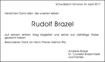 Traueranzeige von Rudolf Brazel von Gmünder Tagespost