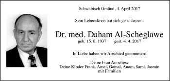 Traueranzeige von Daham Al-Scheglawe von Gmünder Tagespost