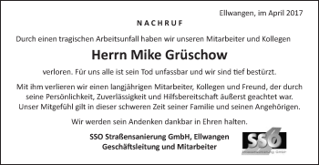 Traueranzeige von Mike Grüschow von Schwäbische Post