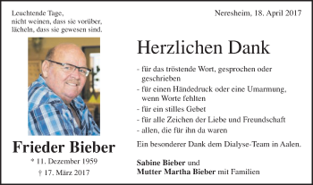Traueranzeige von Frieder Bieber von Schwäbische Post