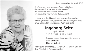 Traueranzeige von Ingeborg Seitz von Schwäbische Post