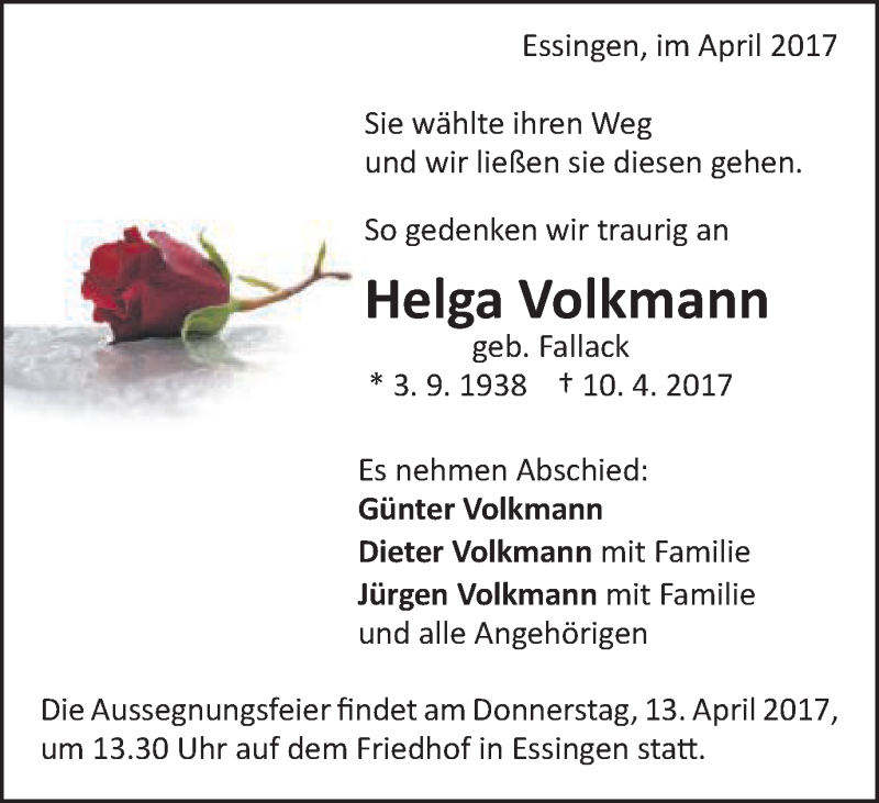  Traueranzeige für Helga Volkmann vom 12.04.2017 aus Schwäbische Post