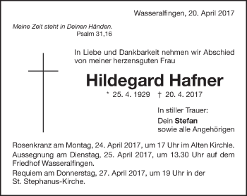 Traueranzeige von Hildegard Hafner von Schwäbische Post
