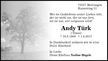 Traueranzeige von Andy Türk von Gmünder Tagespost