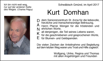 Traueranzeige von Kurt Domhan von Gmünder Tagespost