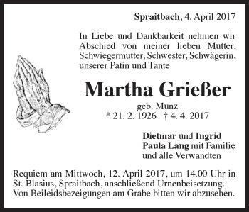 Traueranzeige von Martha Grießer von Gmünder Tagespost
