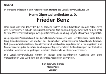 Traueranzeige von Frieder Benz von Gmünder Tagespost