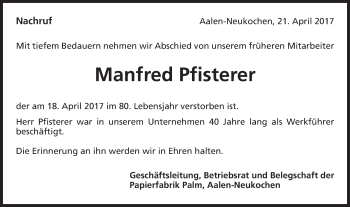 Traueranzeige von Manfred Pfisterer von Schwäbische Post