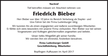 Traueranzeige von Friedrich Bieber von Schwäbische Post