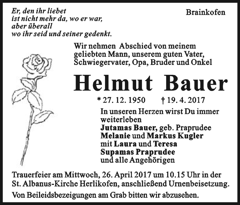  Traueranzeige für Helmut Bauer vom 24.04.2017 aus Gmünder Tagespost