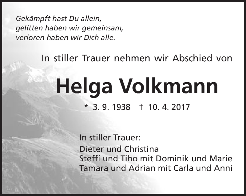  Traueranzeige für Helga Volkmann vom 18.04.2017 aus Schwäbische Post