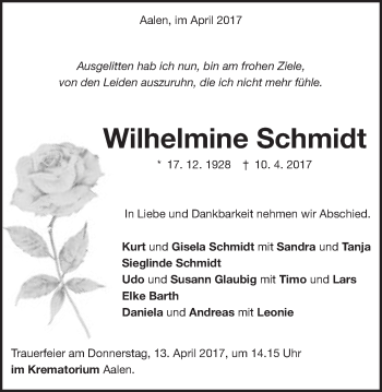 Traueranzeige von Wilhelmine Schmidt von Schwäbische Post