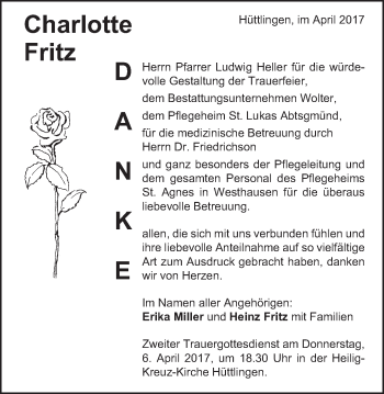 Traueranzeige von Charlotte Fritz von Schwäbische Post