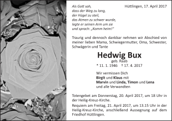 Traueranzeige von Hedwig Bux von Schwäbische Post