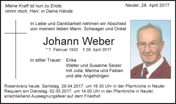 Traueranzeige von Johann Weber von Schwäbische Post
