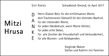 Traueranzeige von Mitzi Hrusa von Gmünder Tagespost