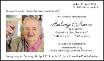 Traueranzeige von Hedwig Scherer von Schwäbische Post