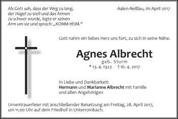 Traueranzeige von Agnes Albrecht von Schwäbische Post