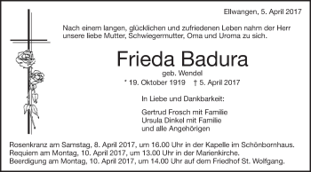 Traueranzeige von Frieda Badura von Schwäbische Post
