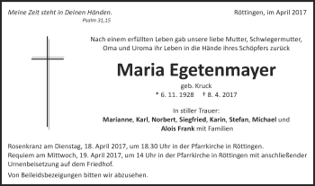 Traueranzeige von Maria Egentenmayer von Schwäbische Post