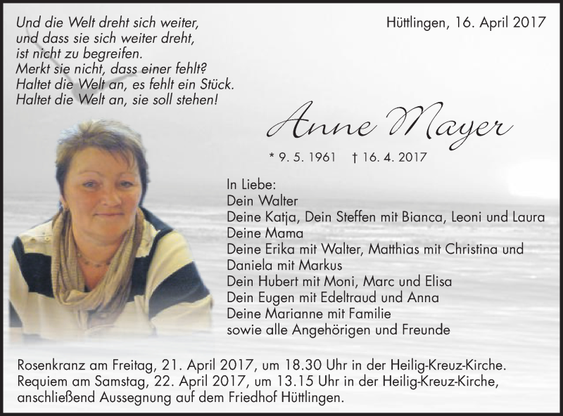  Traueranzeige für Anne Mayer vom 19.04.2017 aus Schwäbische Post