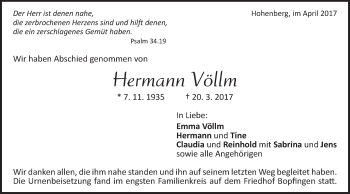 Traueranzeige von Hermann Völlm von Schwäbische Post