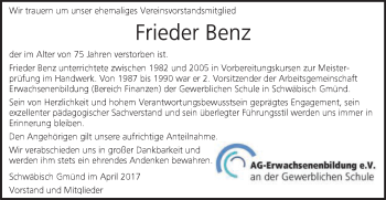 Traueranzeige von Frieder Benz von Gmünder Tagespost