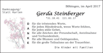 Traueranzeige von Gerda Steinberger von Gmünder Tagespost