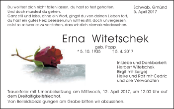 Traueranzeige von Erna Witetschek von Gmünder Tagespost