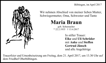 Traueranzeige von Maria Braun von Gmünder Tagespost