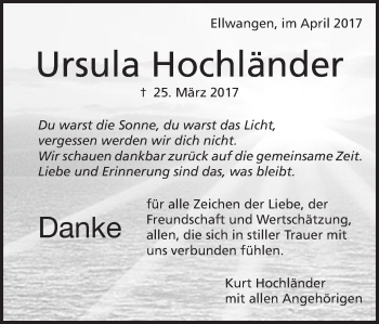Traueranzeige von Ursula Hochländer von Schwäbische Post