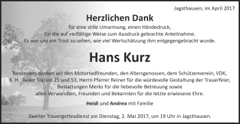 Traueranzeige von Hans Kurz von Schwäbische Post