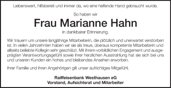 Traueranzeige von Marianne Hahn von Schwäbische Post