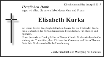 Traueranzeige von Elisabeth Kurka von Schwäbische Post