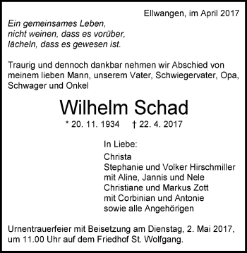 Traueranzeige von Wilhelm Schad von Schwäbische Post