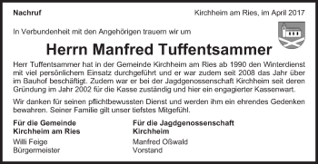 Traueranzeige von Manfred Tuffentsammer von Schwäbische Post
