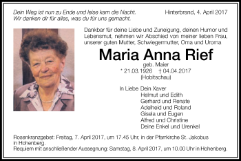 Traueranzeige von Maria Anna Rief von Schwäbische Post