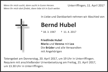 Traueranzeige von Bernd Hubel von Schwäbische Post