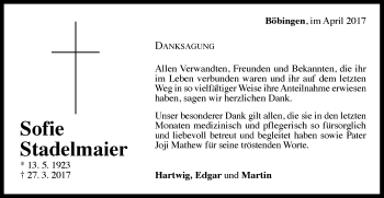 Traueranzeige von Sofie Stadelmaier von Gmünder Tagespost