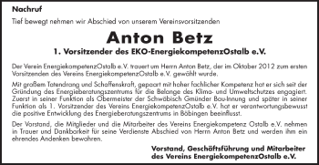 Traueranzeige von Anton Betz von Schwäbische Post