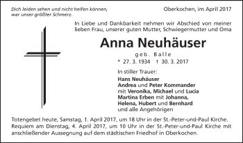 Traueranzeige von Anna Neuhäuser von Schwäbische Post