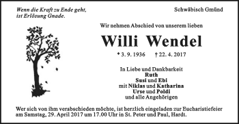 Traueranzeige von Willi Wendel von Gmünder Tagespost